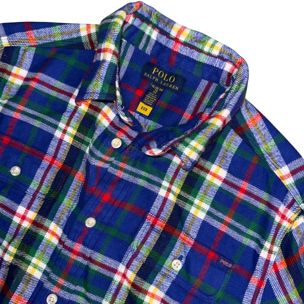 Polo Ralph Lauren Flannel Shirt XL 18-20 Blue Multi Plaid Button Down